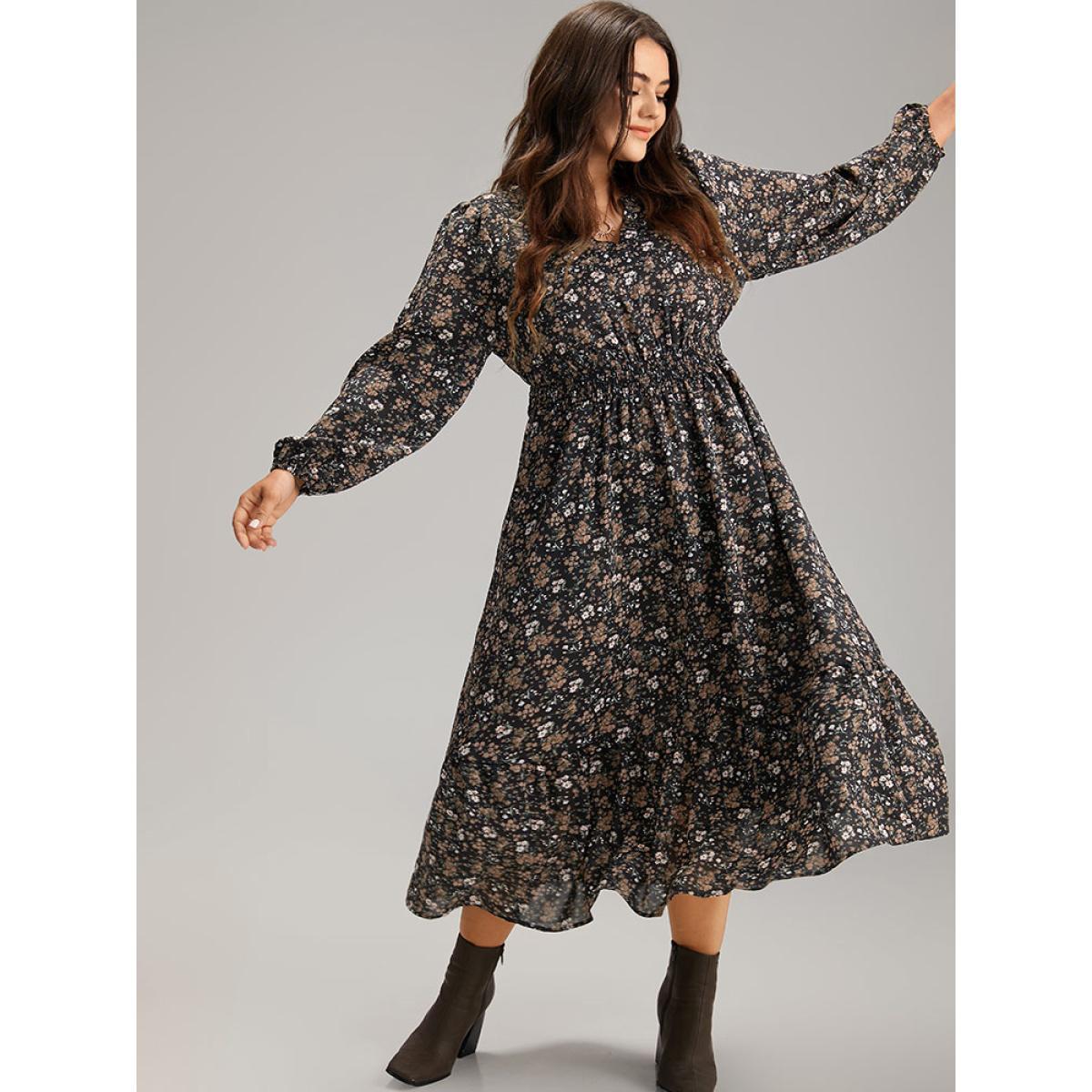 Plus Size Ditsy Floral Notched Flutter Hem Dress Black Women Elegant Elastic cuffs Notched collar Long Sleeve Curvy Midi Dress BloomChic 12/L Product Image