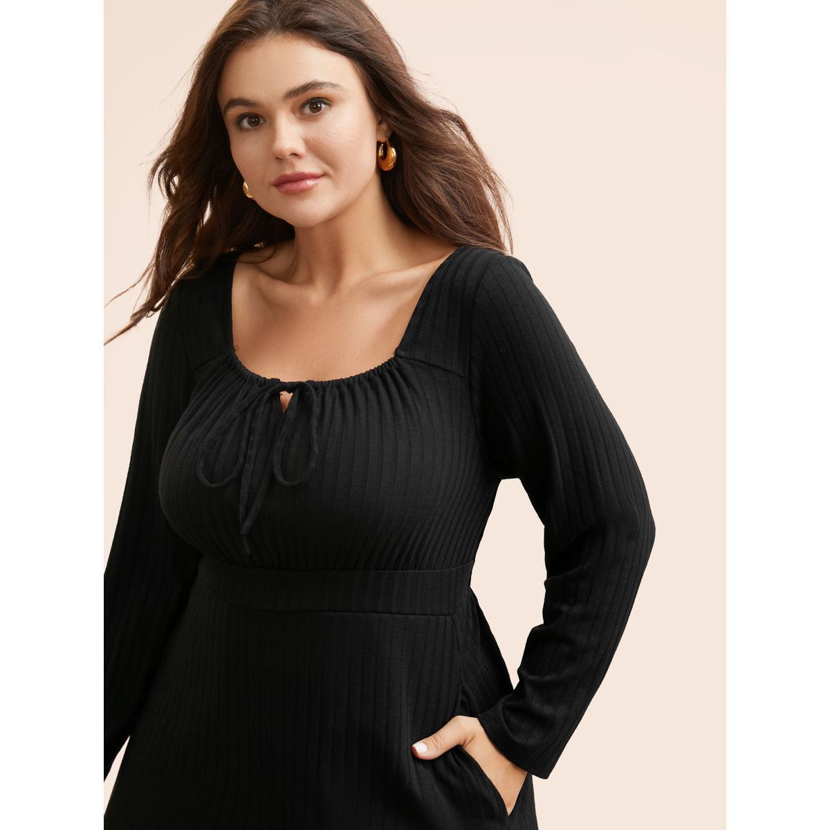 Plus Size Square Neck Rib Knit Drawstring Dress Black Women Elegant Texture Square Neck Long Sleeve Curvy BloomChic 26/4X Product Image
