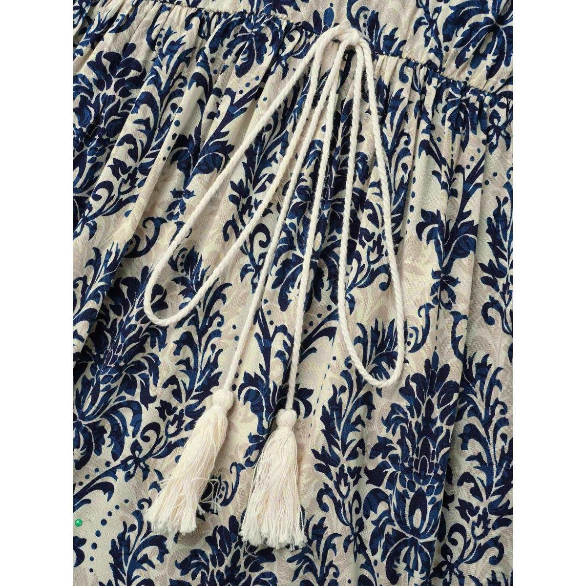 Plus Size Boho Print Notched Tie Knot Maxi Dress DarkBlue Women Resort Tie knot Flat collar with V-notch Long Sleeve Curvy BloomChic 30/6X Product Image