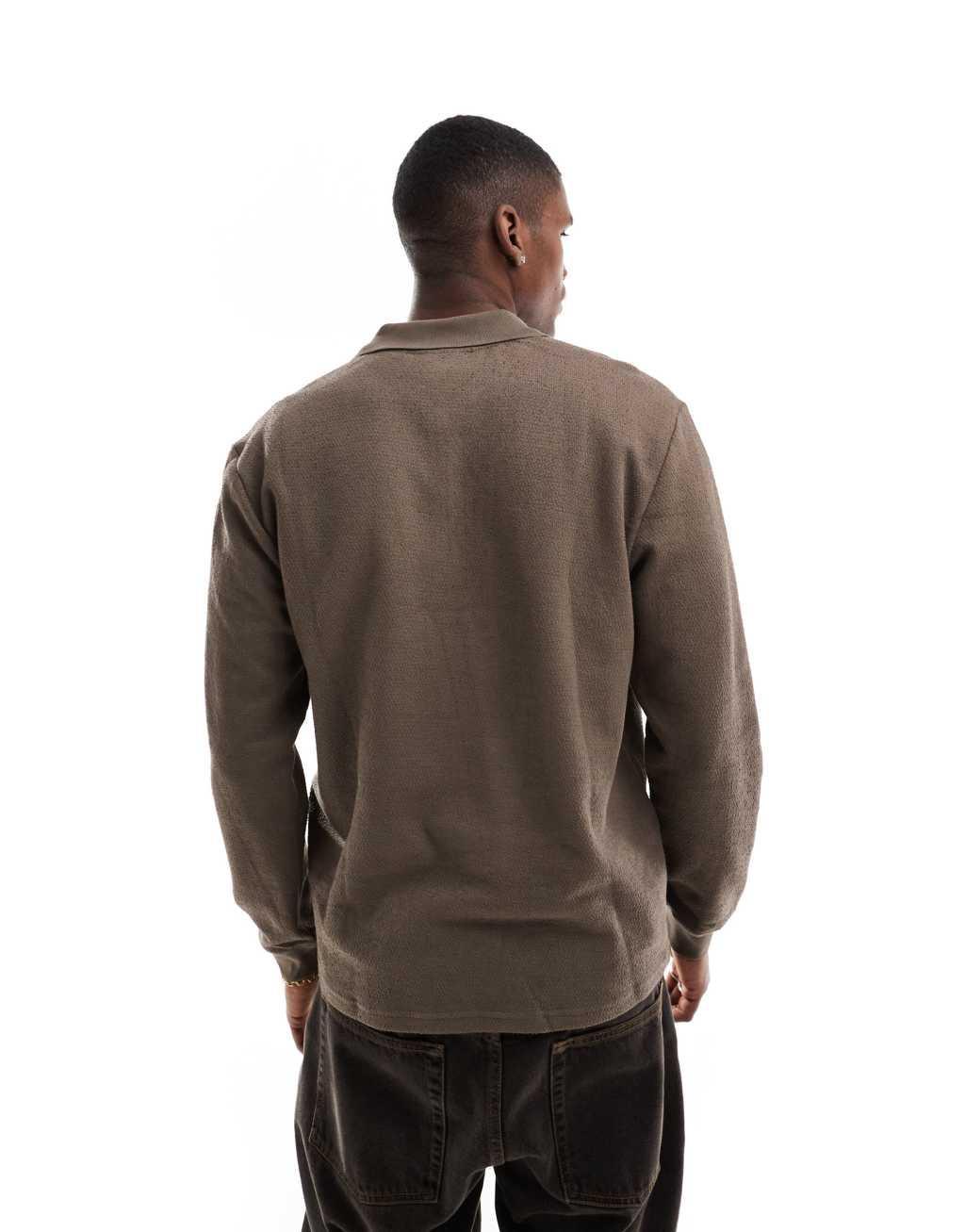 ONLY & SONS long sleeve 1/4 zip polo top in brown Product Image