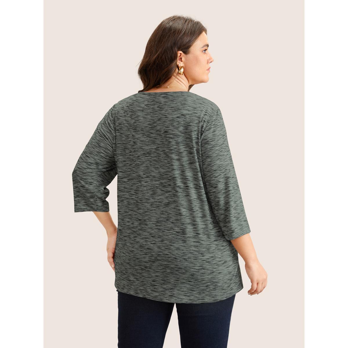 Plus Size Heather Pleated Button Detail T-shirt Stone Women Casual Pleated Plain V-neck Everyday T-shirts BloomChic 26/4X Product Image