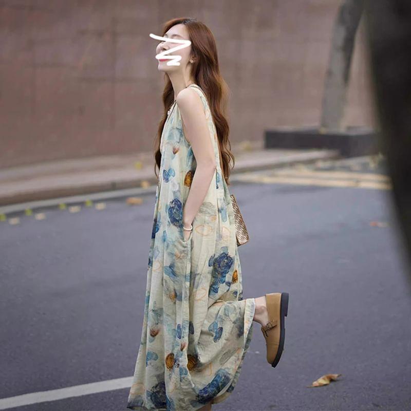 Sleeveless Crew Neck Tie Dye Maxi Sundress Product Image
