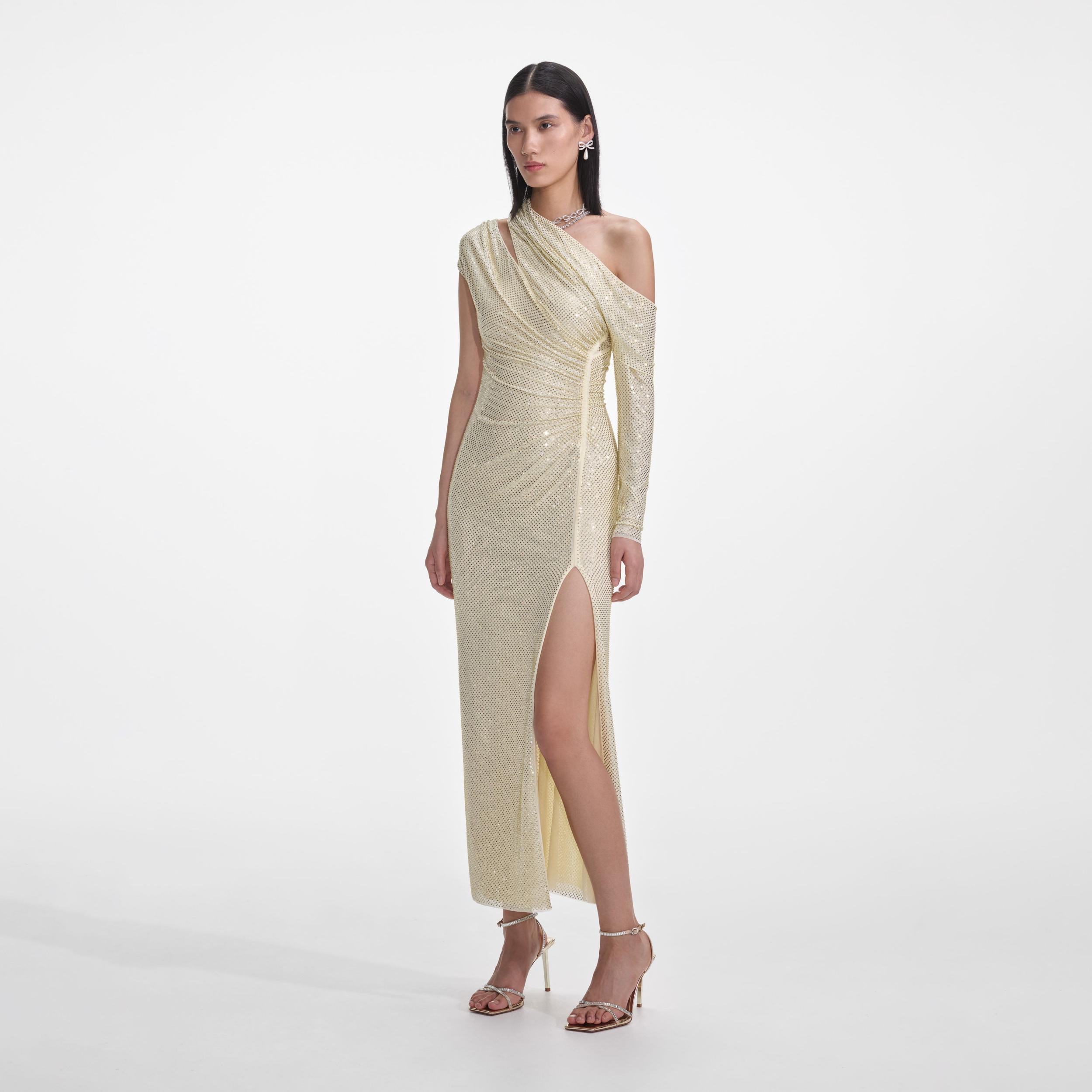 Yellow Rhinestone Gathered Midi Dress Product Image