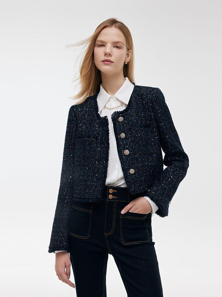 Wool Blend Tweed Square Neck Women Crop Jacket Product Image