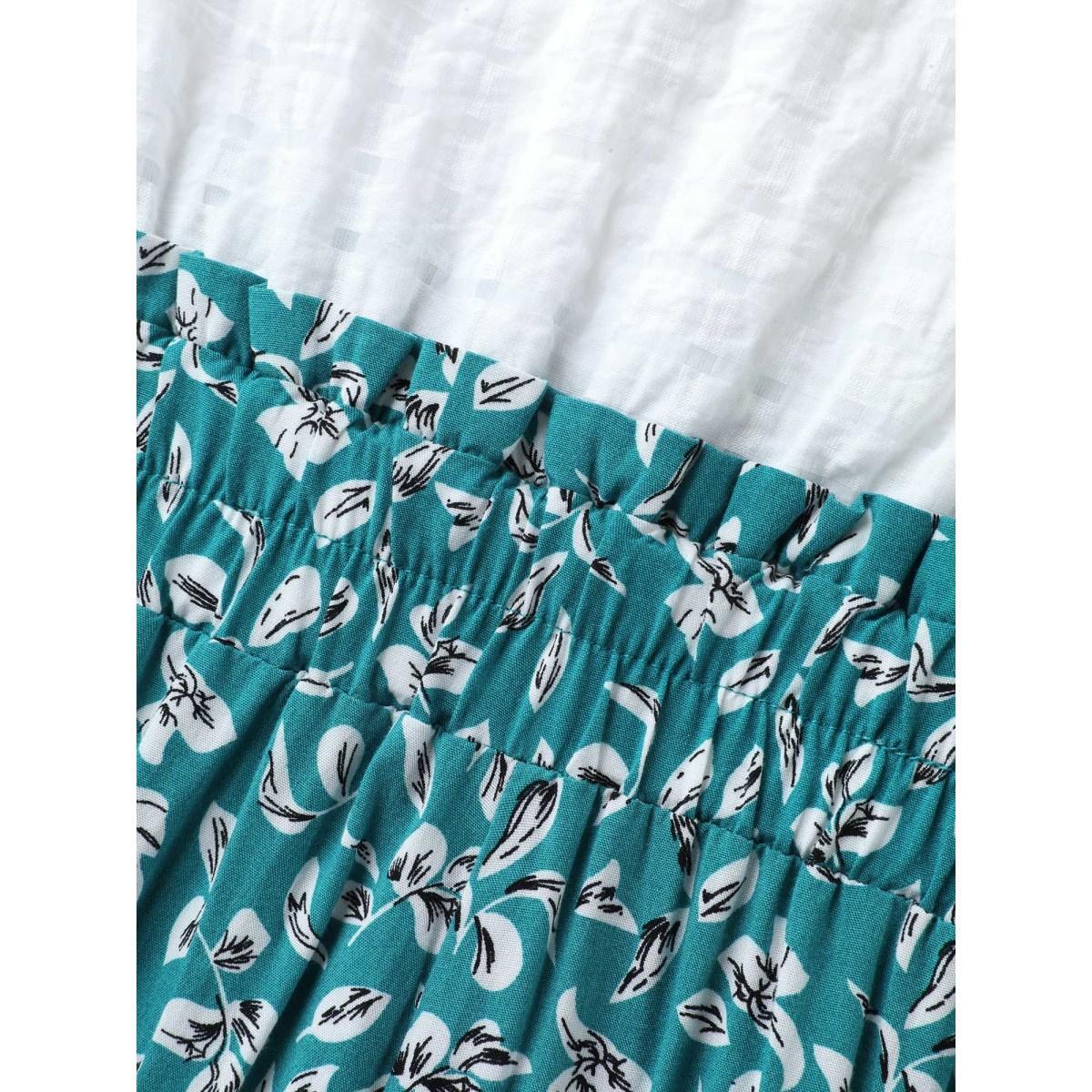 Plus Size Cerulean Floral Color Contrast Shirred Jumpsuit Women Cap Sleeve V-neck Everyday-Casual Loose Jumpsuits BloomChic 18-20/2X Product Image