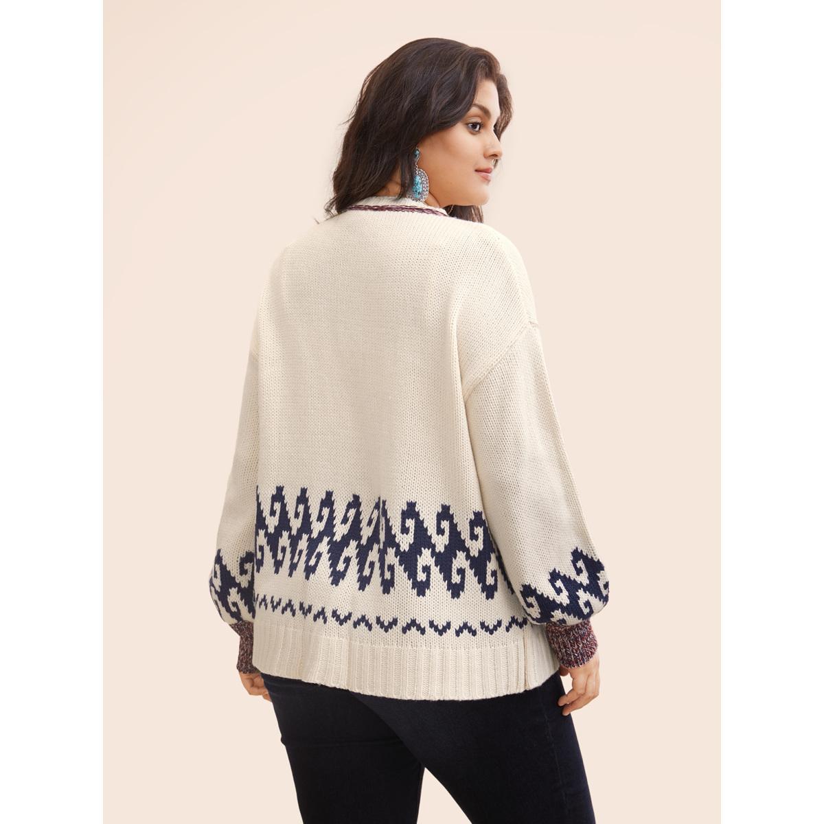 Plus Size Fair Isle Balloon Sleeve Crew Neck Cardigan Ivory Women Resort Loose Long Sleeve Vacation Cardigans BloomChic 18-20/2X Product Image