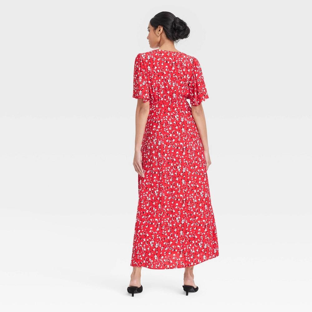 Womens Short Sleeve Maxi Sundress - A New Day Red Floral 2: V Neck, Flutter Sleeve, Side Zipper Product Image