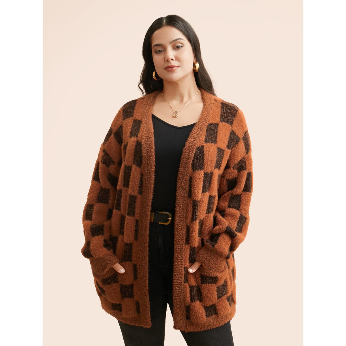 Plus Size Plaid Fluffy Patched Pocket Cardigan Yellowishbrown Women Casual Loose Long Sleeve Everyday Cardigans BloomChic 26/4X Product Image