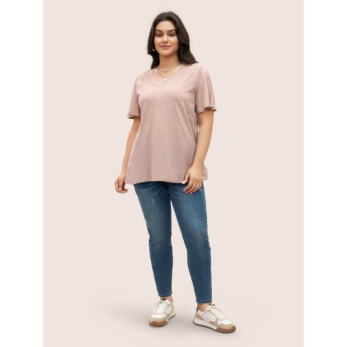 Plus Size Plain Ruffle Sleeve Heather V Neck T-shirt Rouge Women Casual Plain V-neck Everyday T-shirts BloomChic 12/L Product Image