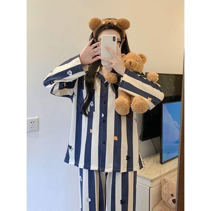 Pajama Set: Long-Sleeve Striped Shirt + Pants Product Image