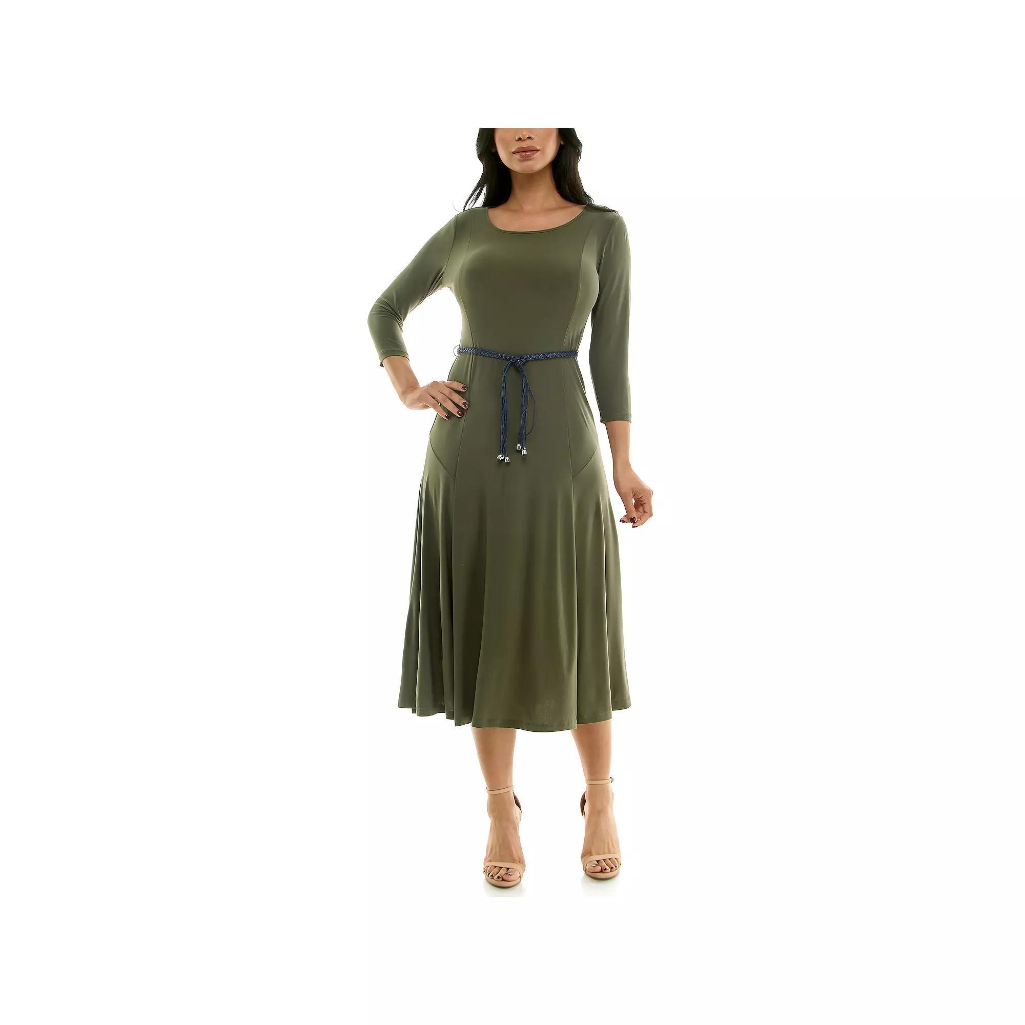 Women's Nina Leonard Sylvia Three-Quarter Sleeve Belted Midi Dress, Size: XL, Light Green Product Image