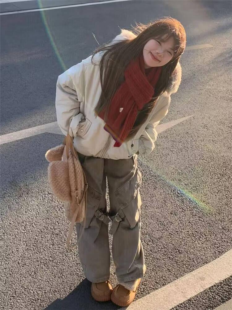 Fluffy Hooded Plain Zip Up Puffer Jacket Product Image