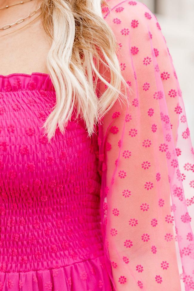 Figuring It Out Hot Pink Off The Shoulder Daisy Mesh Tiered Maxi Dress FINAL SALE Product Image