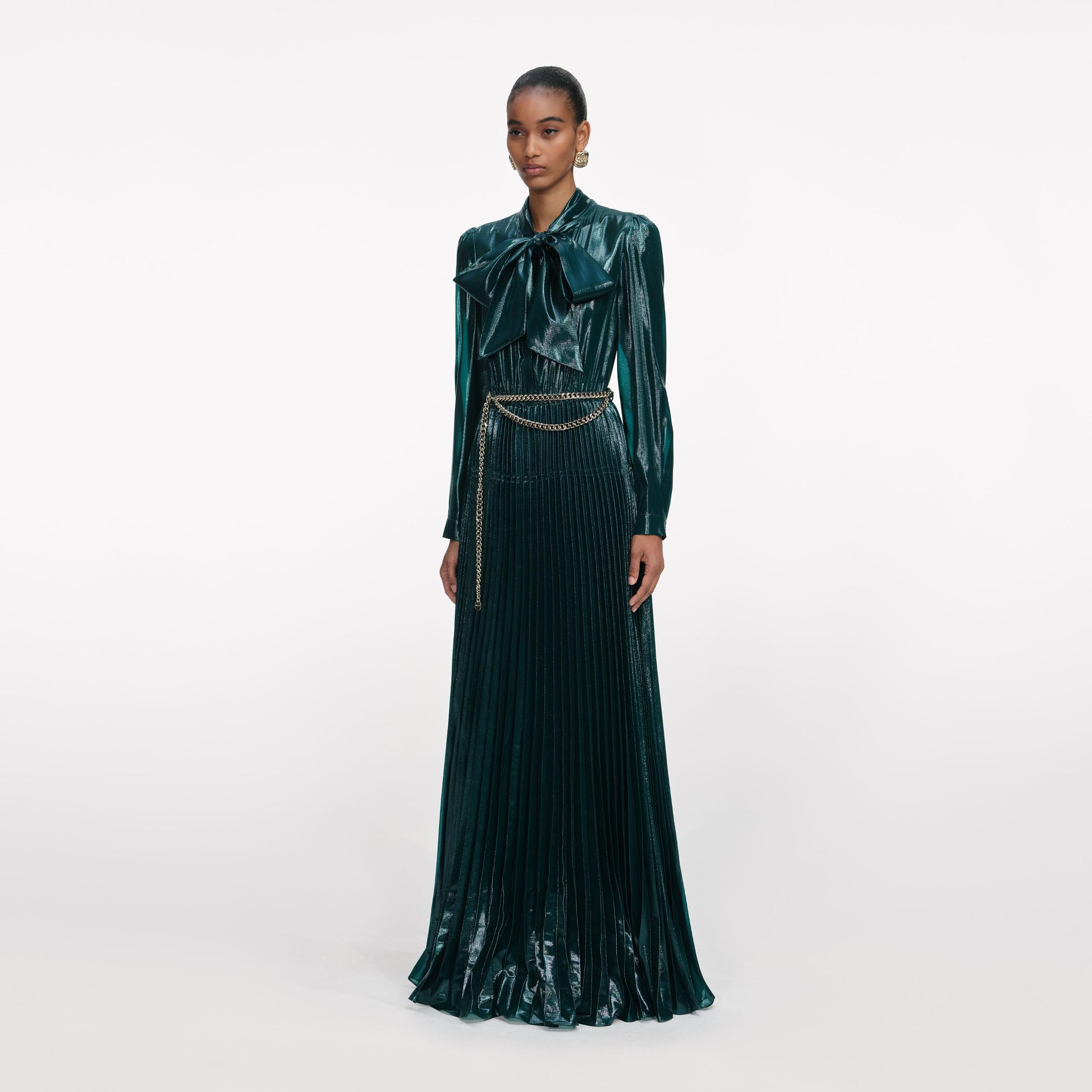 Green Metallic Pussy Bow Maxi Dress Product Image