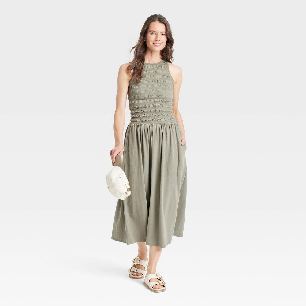 Women's Smocked Knit Maxi A-Line Dress - Universal Thread™ Olive XL: Sleeveless Crew Neck Pullover Product Image