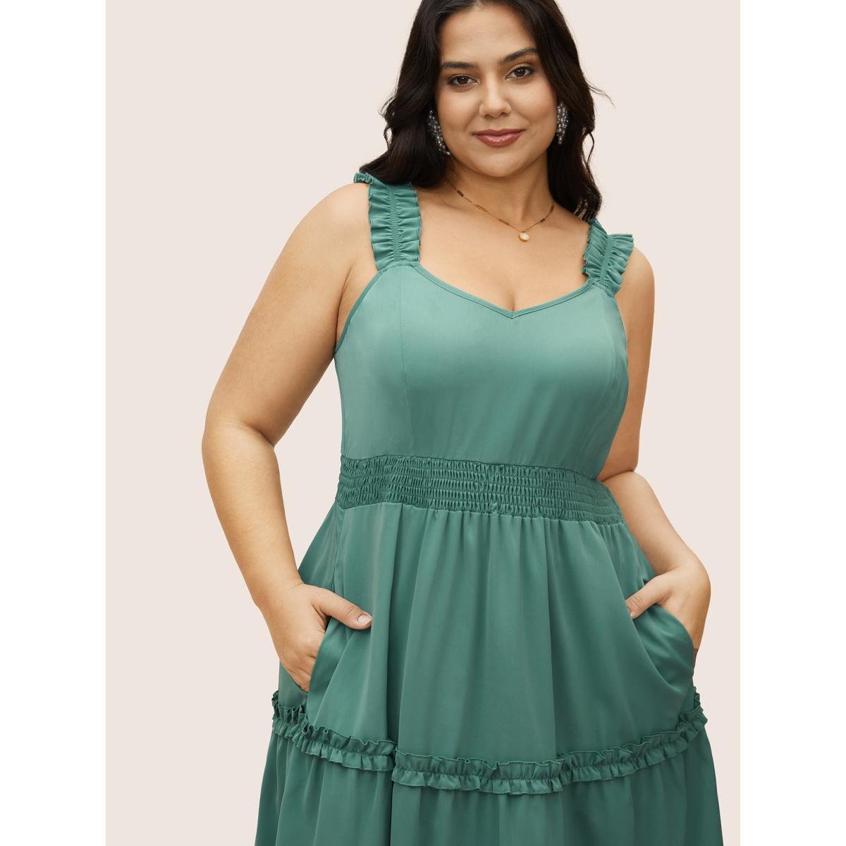 Plus Size Solid Ruffles Shirred Frill Trim Dress Mint Women Elegant Frill Trim V-neck Sleeveless Curvy BloomChic 30/6X Product Image