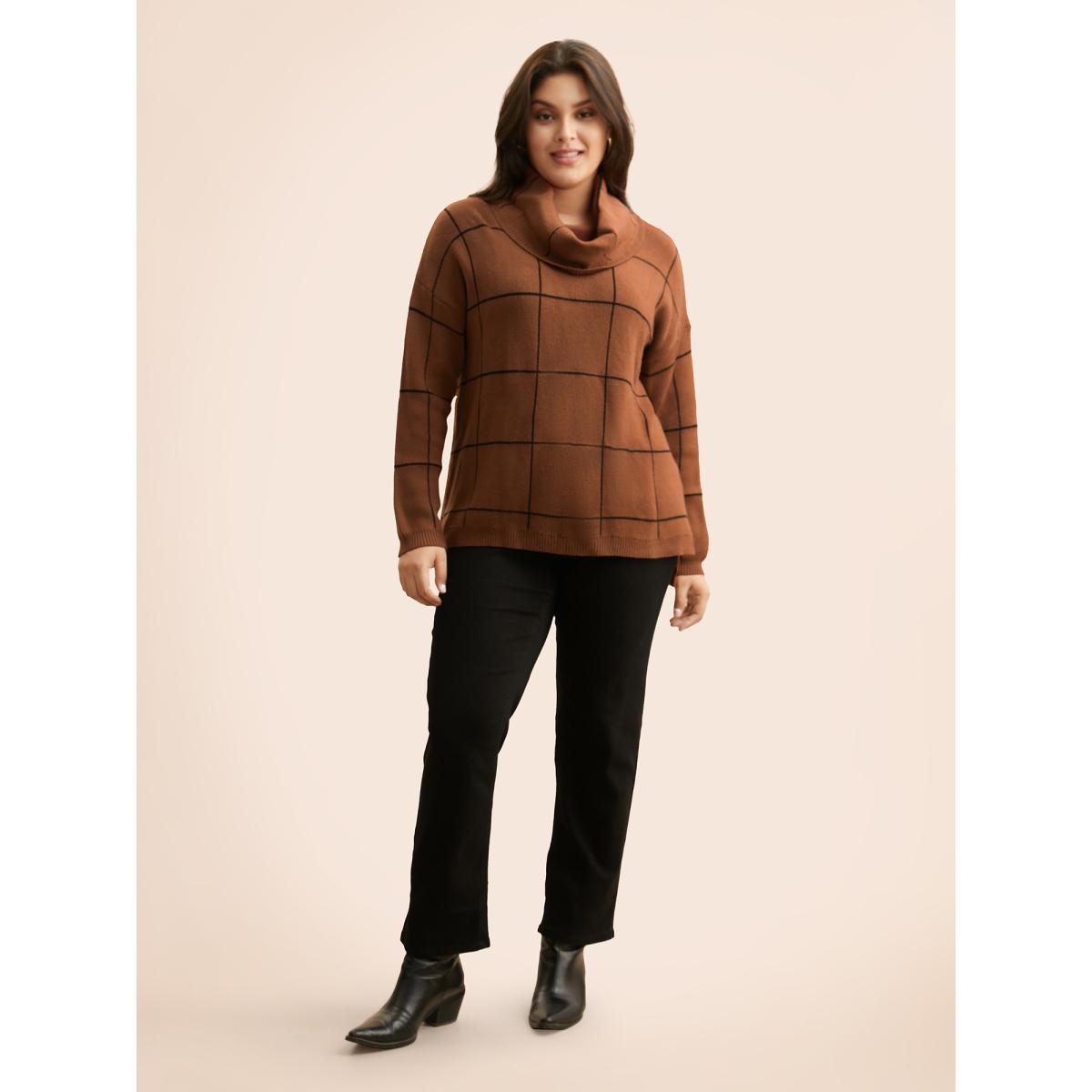 Plus Size Supersoft Essentials Turtleneck Plaid Drop Shoulder Pullover Browncoffeecolor Women Casual Loose Long Sleeve Turtleneck Everyday Pullovers BloomChic 22-24/3X Product Image