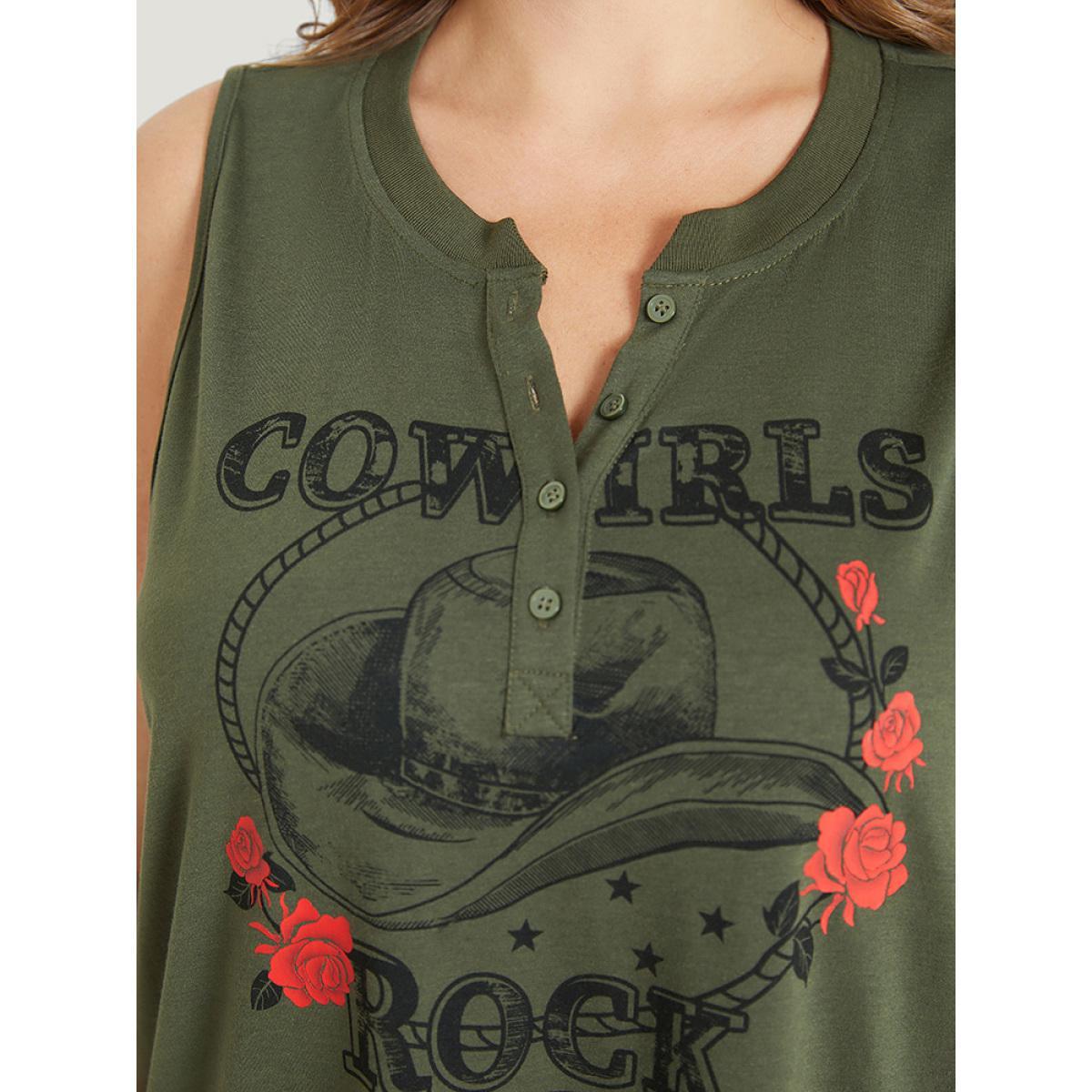 Plus Size Rose & Letter Print Button Up Graphic Tank Top Women ArmyGreen Casual Button Dailywear Tank Tops Camis BloomChic 30/6X Product Image