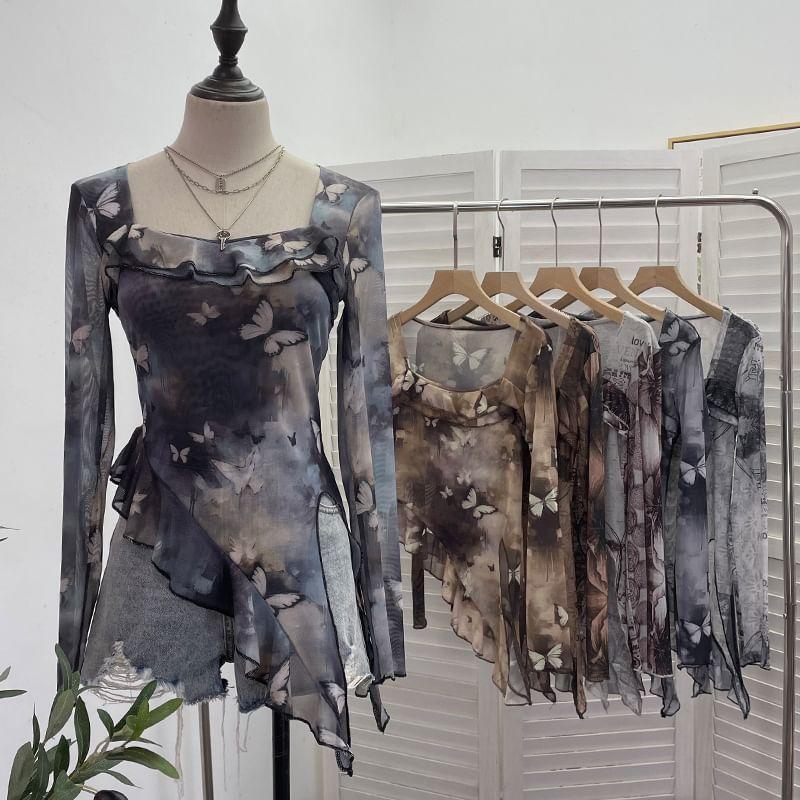 Long Sleeve Square Neck Newspaper Print Ruffle Hem Top Product Image