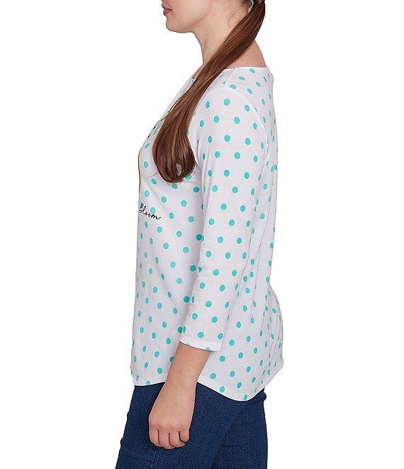 Ruby Rd. Knit Bicycle Floral Polka Dots Crew Neck 3/4 Sleeve Knit Top Product Image