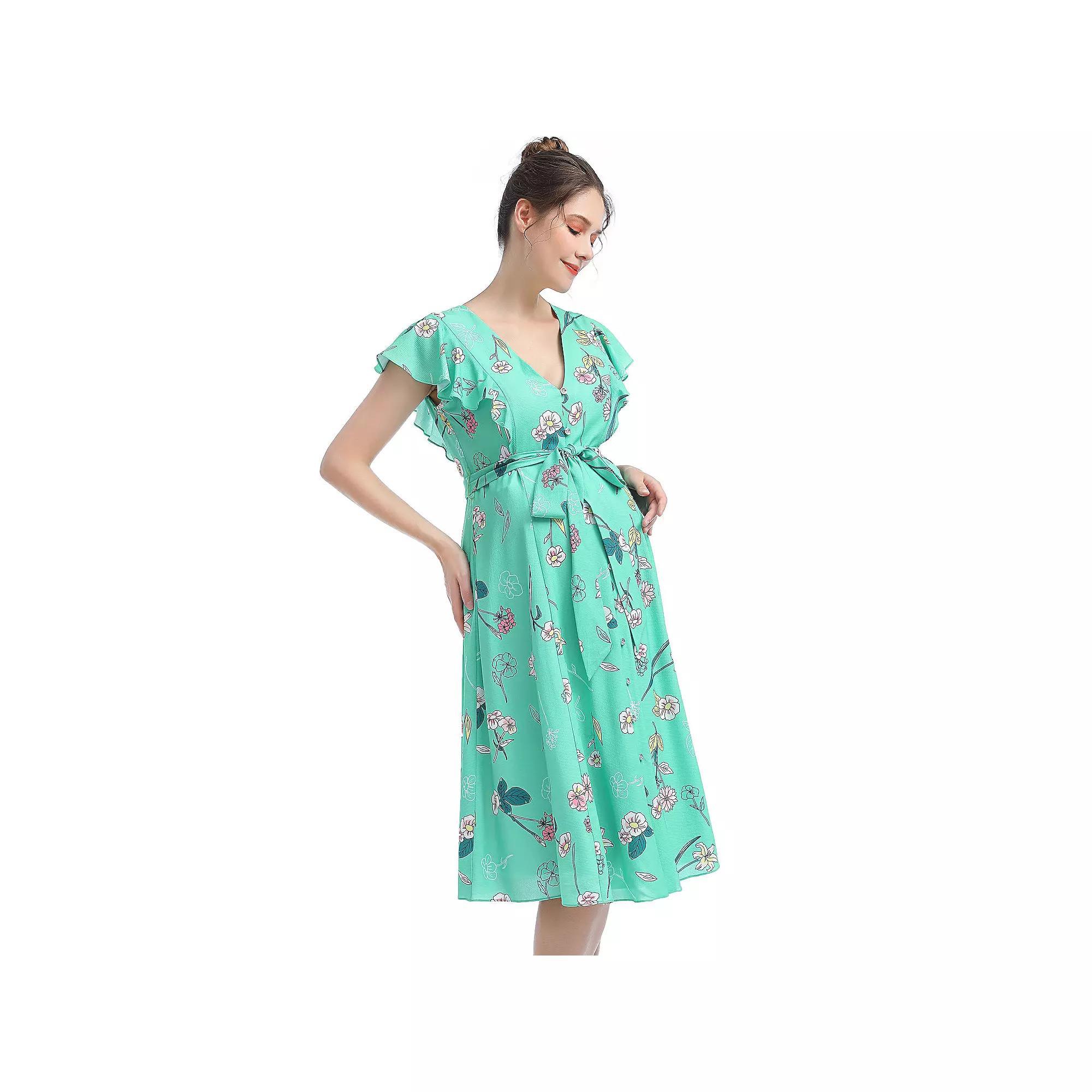 Pokkori Maternity Nursing Belted Midi Dress, Women's, Size: Medium-Mat, Floral Product Image