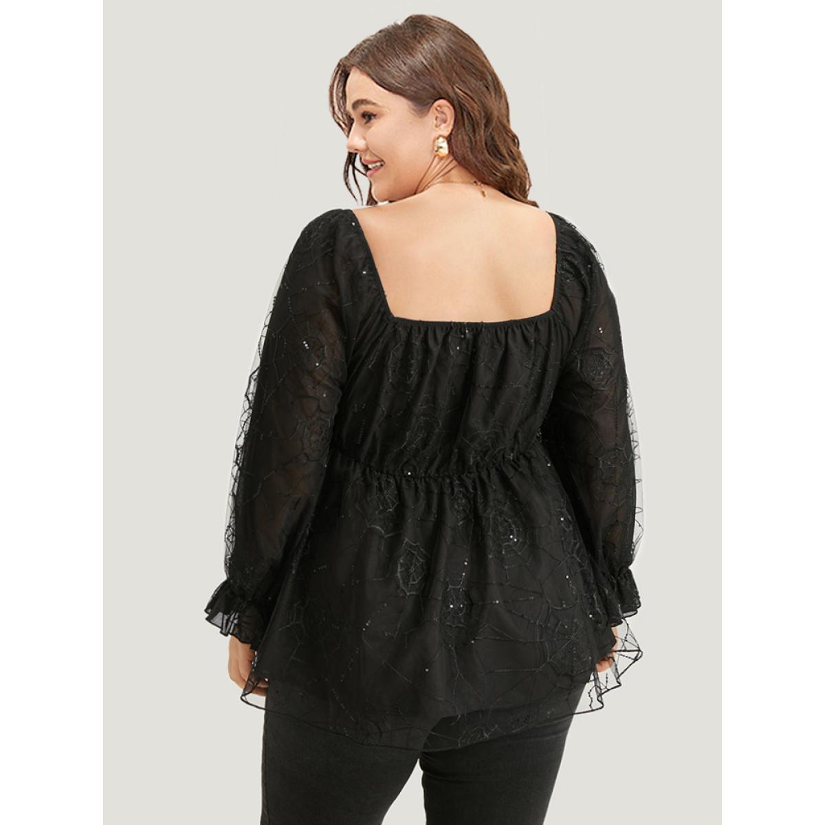Plus Size Black Halloween Square Neck Spider Web Crochet Lace Mesh Blouse Women Glamour Long Sleeve Square Neck Festival-Halloween Blouses BloomChic 10/M Product Image