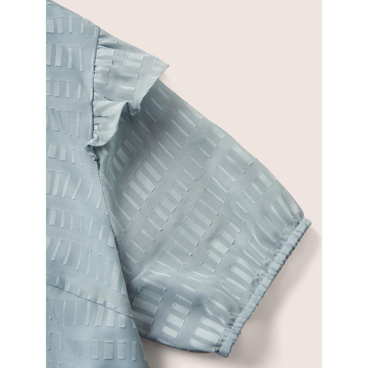 Plus Size LightBlue Solid Textured Gathered Ruffles Button Detail Blouse Women Elegant Short sleeve V-neck Everyday Blouses BloomChic 12/L Product Image