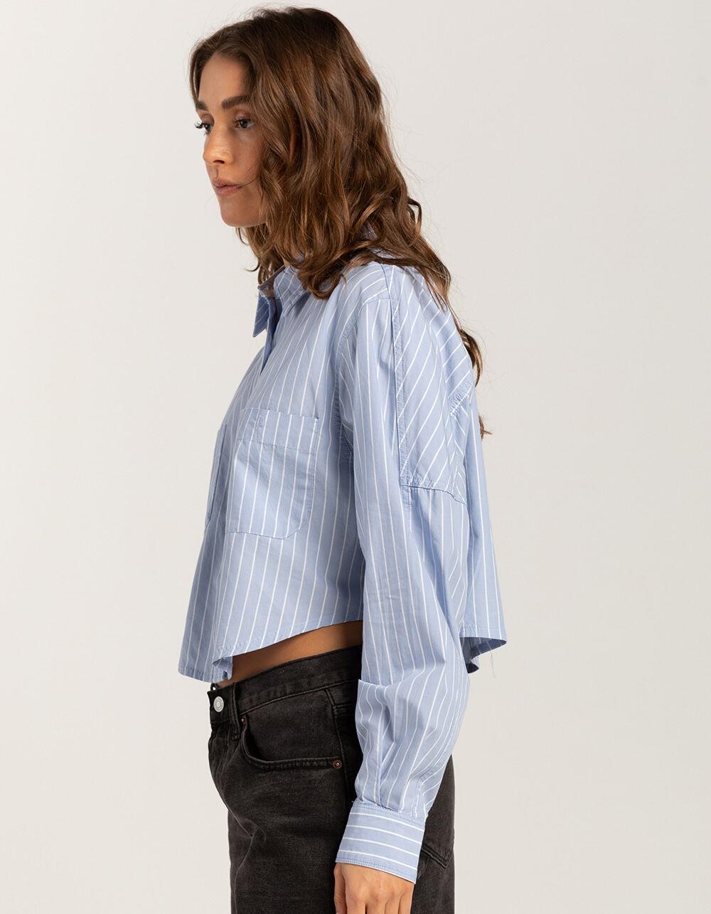 RSQ Womens Stripe Crop Long Sleeve Button Up Shirt - BLUE/WHT Product Image