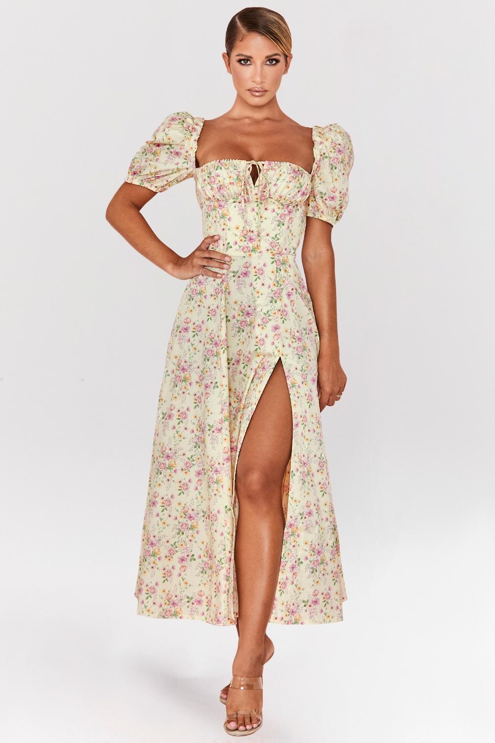 Tallulah Lemon Floral Puff Sleeve Midi Sundress Product Image