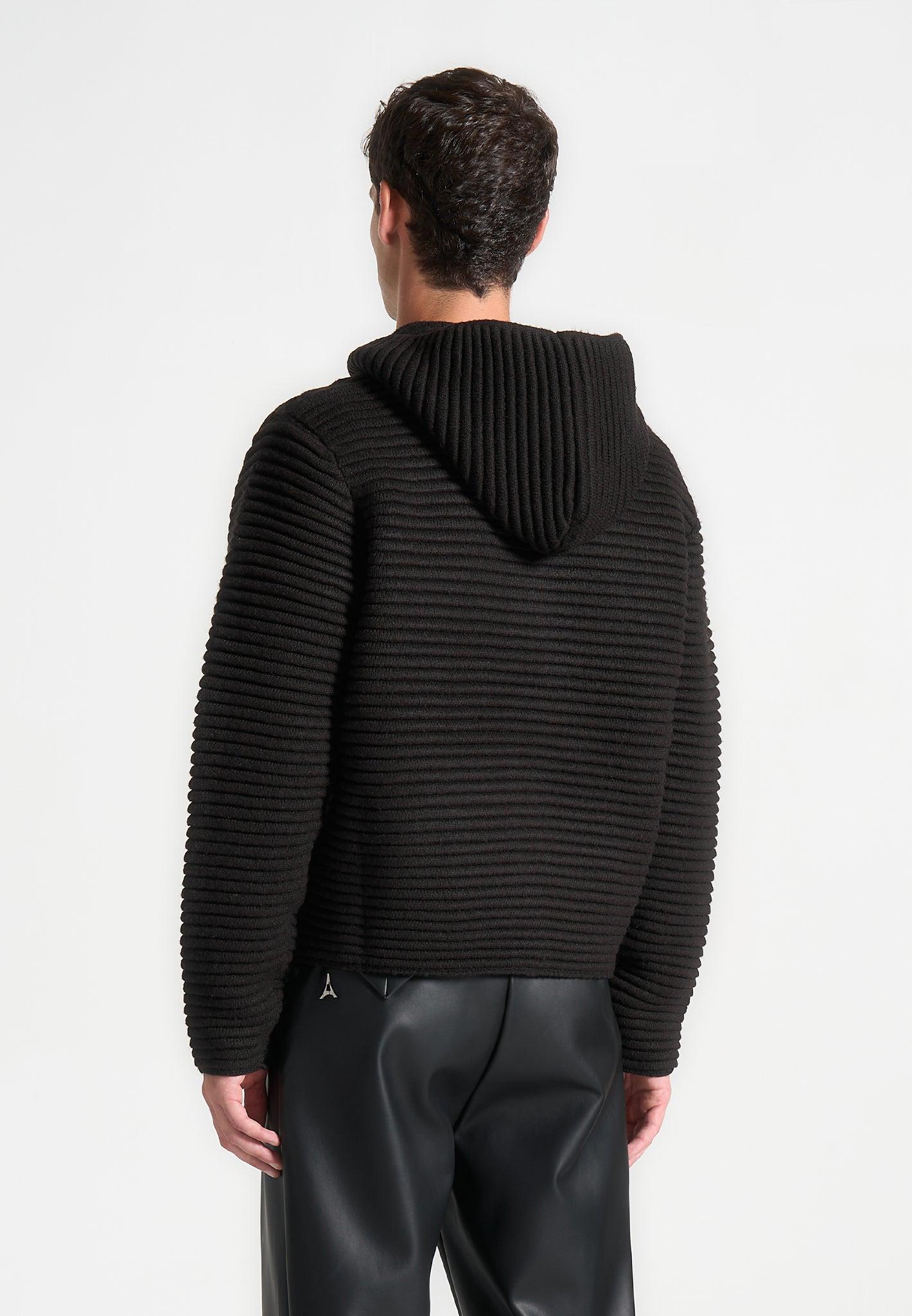 Ribbed Knit Zip Up Hoodie - Black Male Product Image