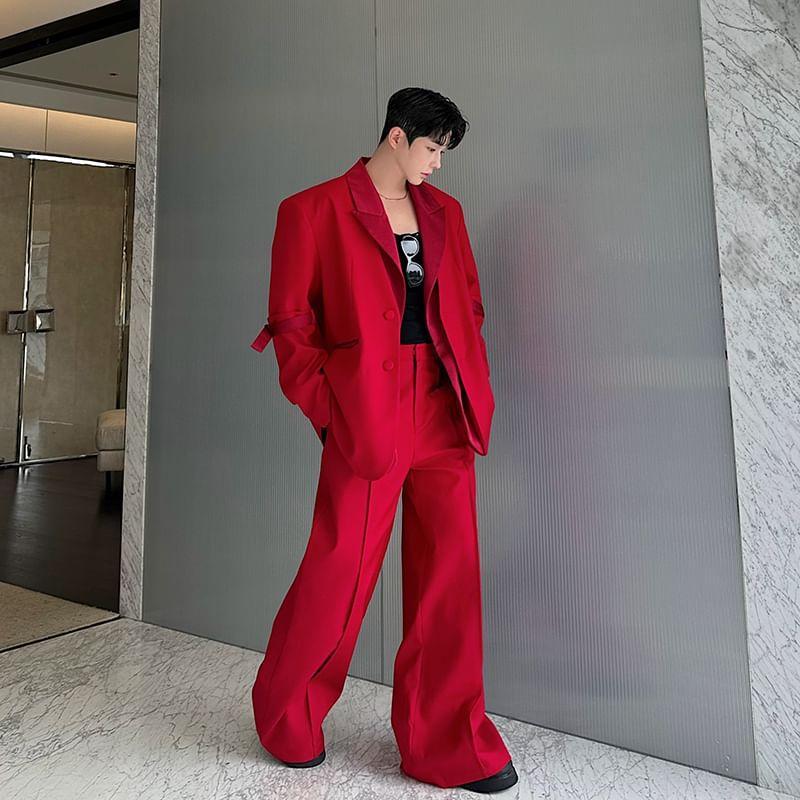 Set: Plain Sing-Breasted Blazer + High Waist Wide Leg Pants Product Image