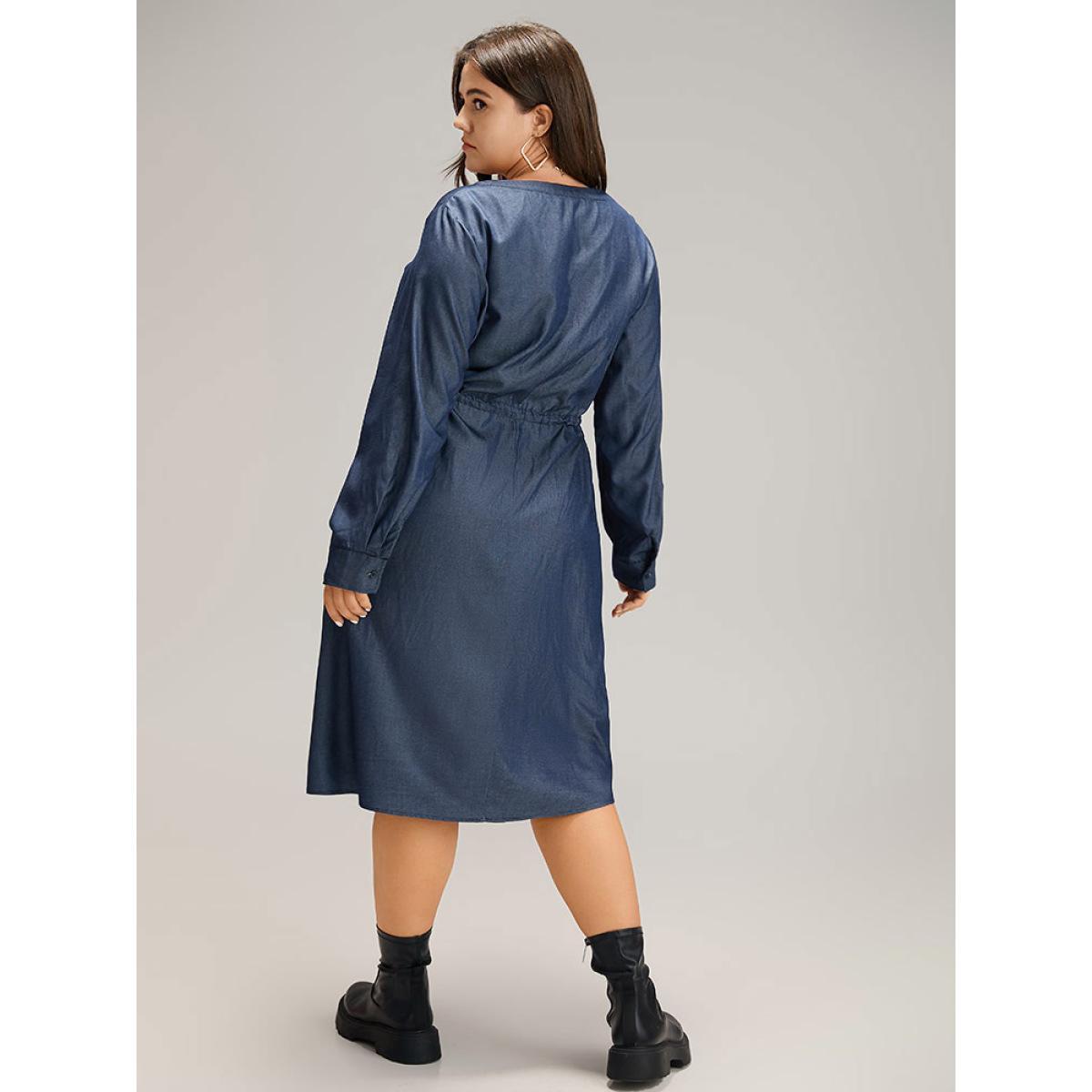 Plus Size Denim Half Zip Drawstring Elastic Waist Dress Indigo Women Casual Plain Notched collar Long Sleeve Curvy Midi Dress BloomChic 22-24/3X Product Image