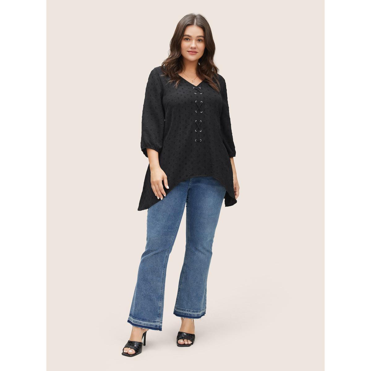 Plus Size Black Texture Drawstring Lantern Sleeve Arc Hem Blouse Women Casual Elbow-length sleeve V-neck Everyday Blouses BloomChic 12/L Product Image