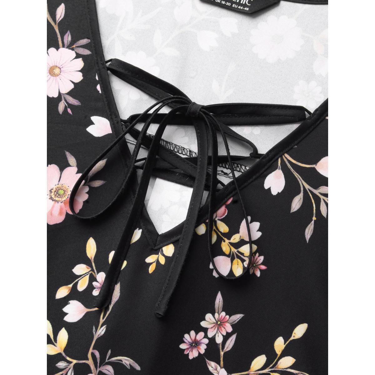 Plus Size BlackFlower Gradient Floral Ruffle Sleeves Blouse Women Elegant Elbow-length sleeve V-neck Everyday Blouses BloomChic 22-24/3X Product Image