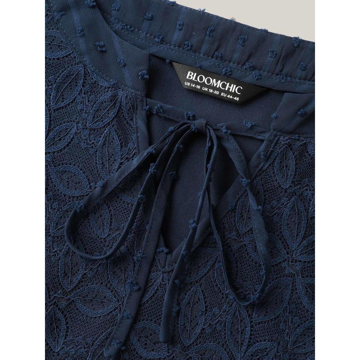 Plus Size Textured Lace Detail Neck Tie Sleeveless Top Women DarkBlue Woven ribbon&lace trim Flat collar with V-notch Everyday-Elegant Tank Tops Camis BloomChic 28/5X Product Image