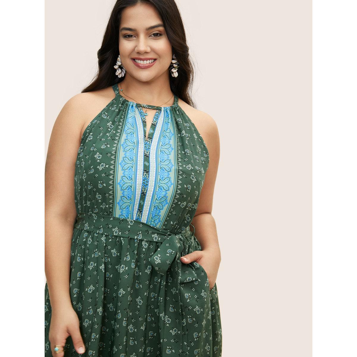 Plus Size Bandana Print Halter Neck Tie Knot Dress Moss Women Resort Gathered Halter neck Sleeveless Curvy BloomChic 30/6X Product Image