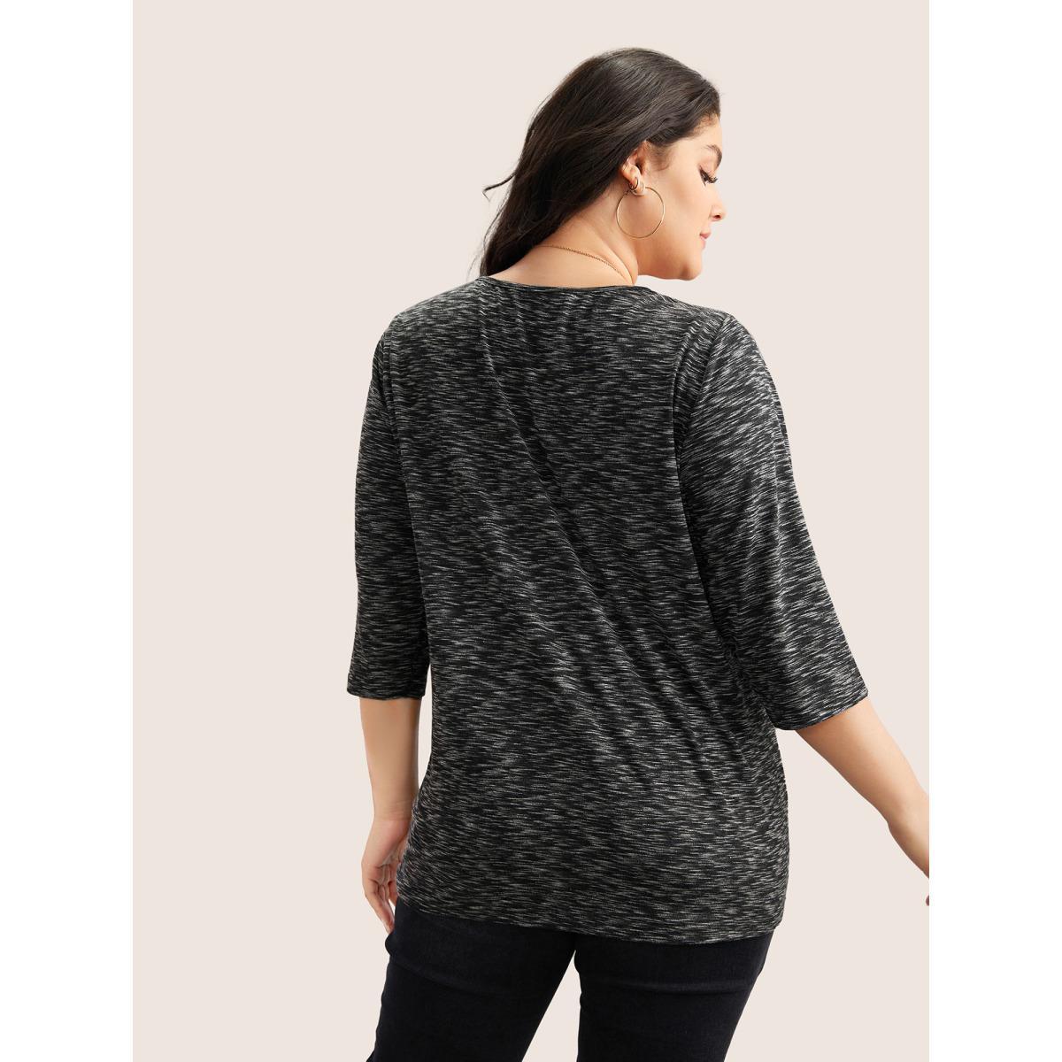 Plus Size Heather Pleated Button Detail T-shirt Black Women Casual Pleated Plain V-neck Everyday T-shirts BloomChic 22-24/3X Product Image