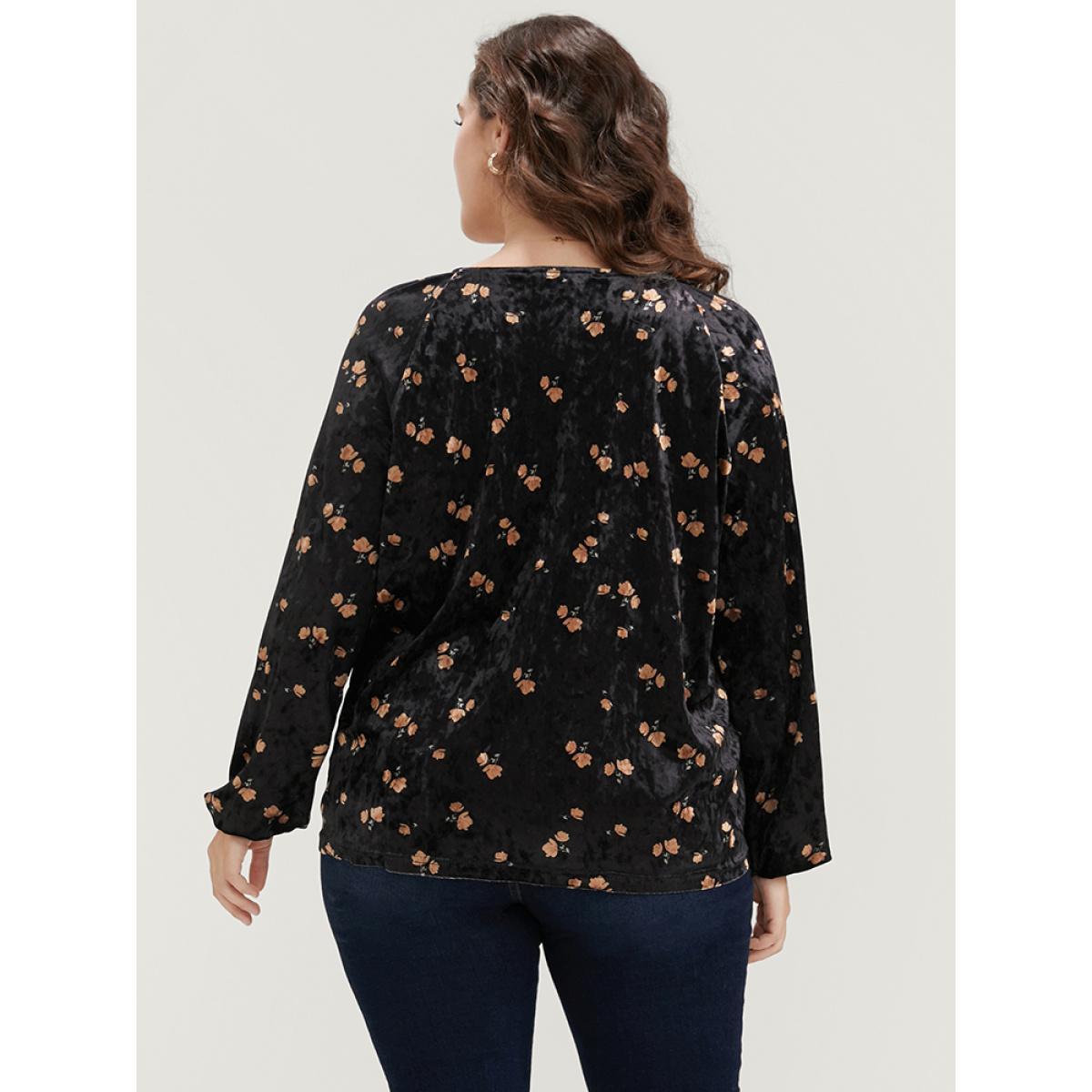 Plus Size Black Floral Lantern Sleeve Tassels Tie Neck Velvet Blouse Women Party Long Sleeve Tie Neck Going out Blouses BloomChic 14-16/1X Product Image
