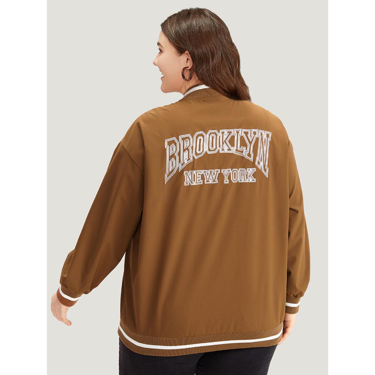 Plus Size Letter Embroidered Pocket Baseball Collar Jacket Women DarkBrown Rib Knit Pocket Dailywear Jackets BloomChic 10/M Product Image