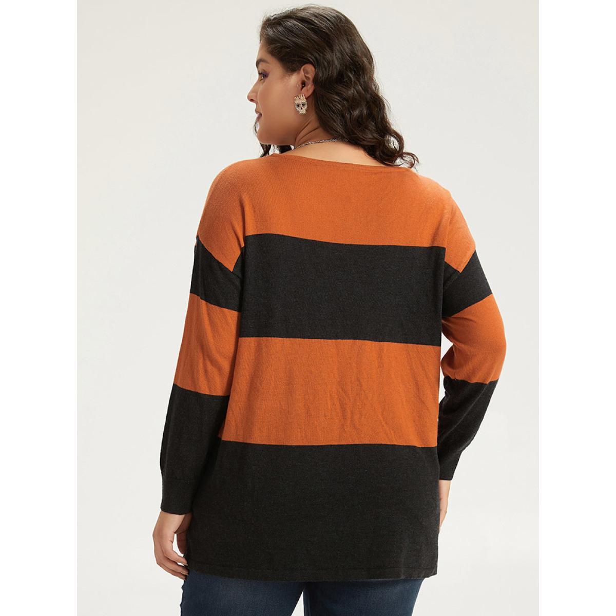 Plus Size Halloween Supersoft Essentials Colorblock Contrast Elastic Cuffs Pullover Orange Women Casual Loose Long Sleeve V-neck Everyday Pullovers BloomChic 30/6X Product Image