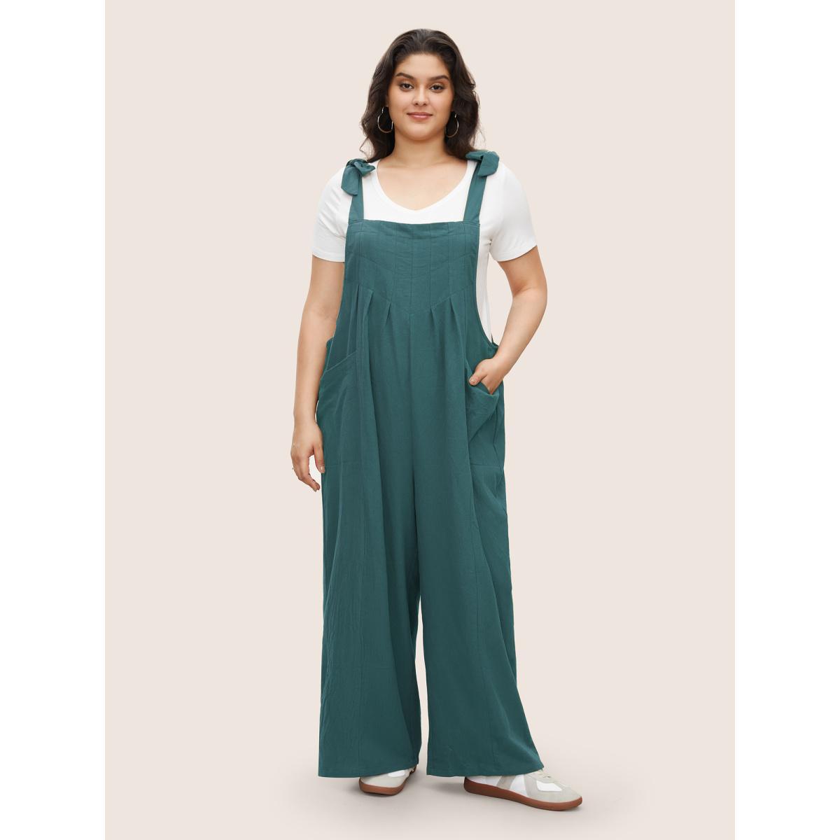 Plus Size Cyan Solid Pleated Detail Pocket Knotted Shoulder Overall Jumpsuit Women Casual Sleeveless Non Everyday Loose Jumpsuits BloomChic 28/5X Product Image