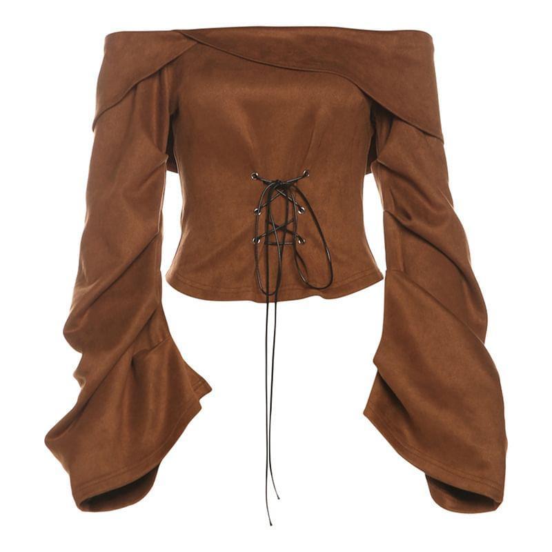 Off Shoulder Long Sleeve Plain Lace Up Crop Top Product Image