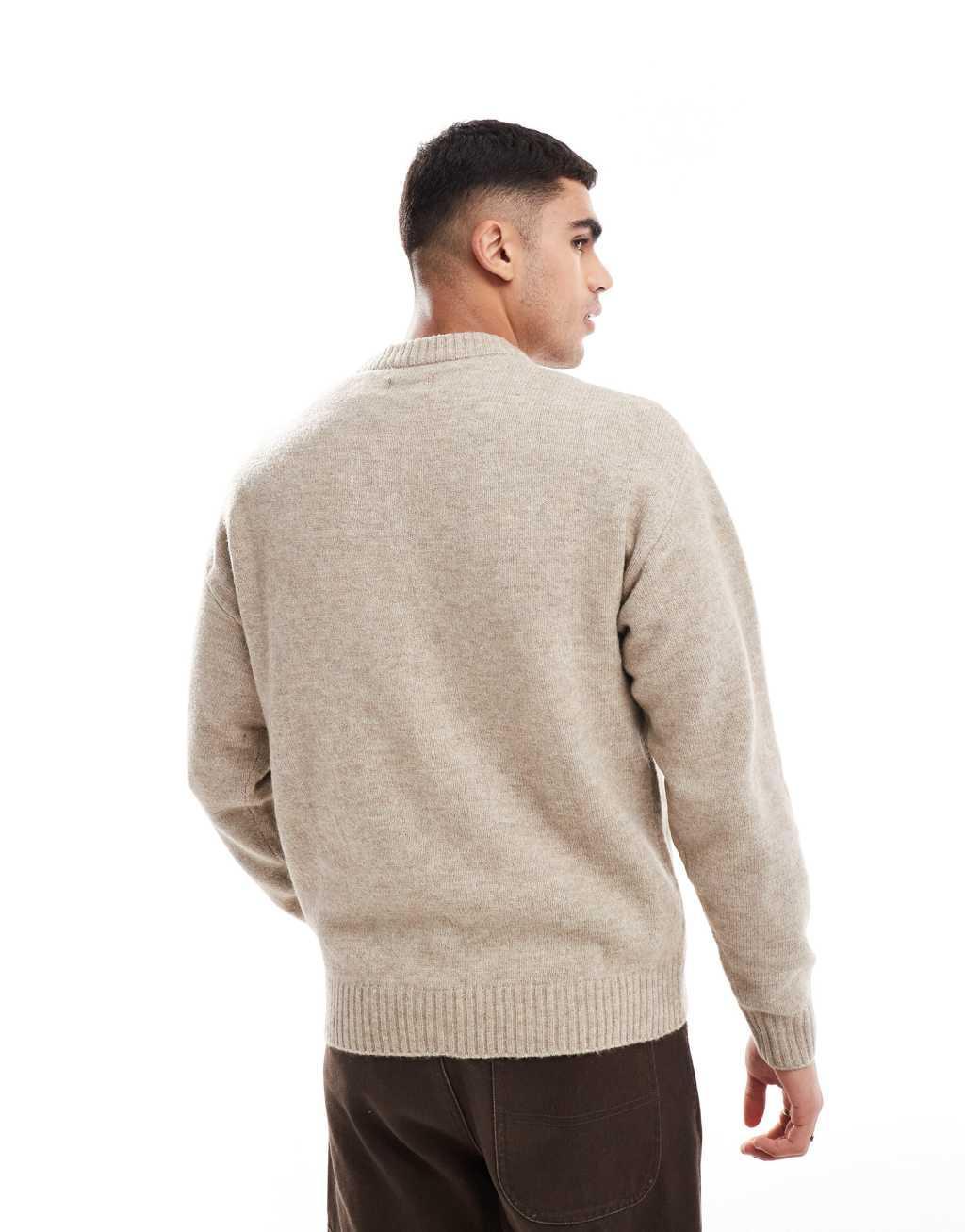 Jack & Jones oversized fluffy crew neck sweater in beige  Product Image