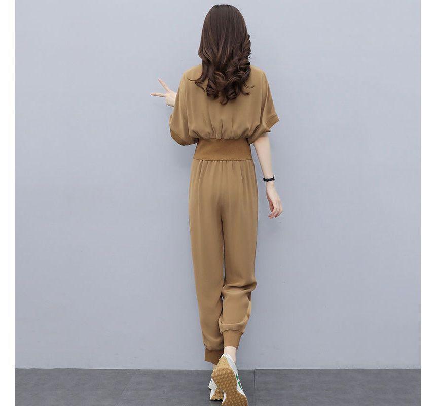 Set: Short Sleeve Half-Zip Two-Tone Top + Sweatpants Product Image