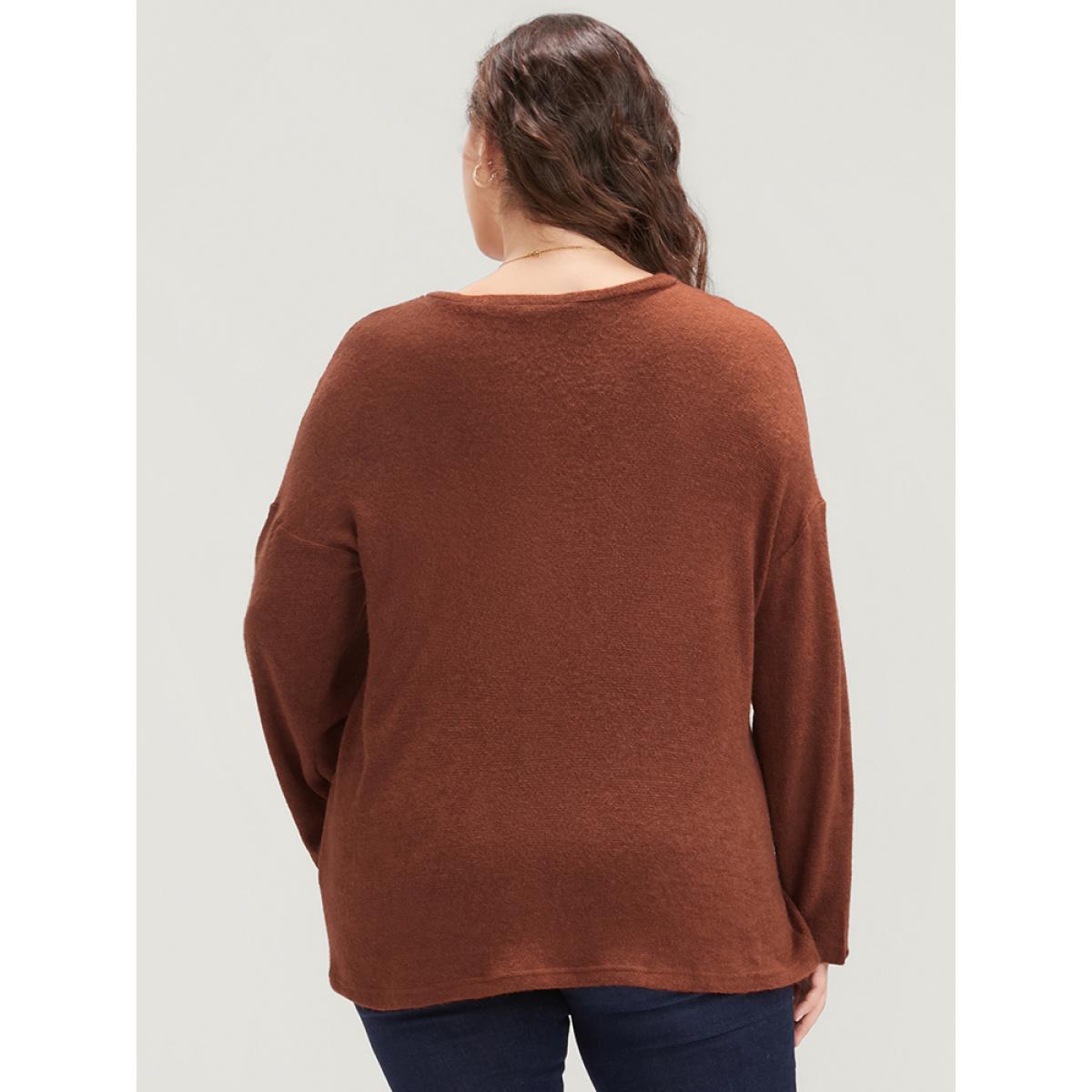 Plus Size Solid Button Up Round Neck Sweatshirt Women Rust Elegant Button Round Neck Dailywear Sweatshirts BloomChic 28/5X Product Image