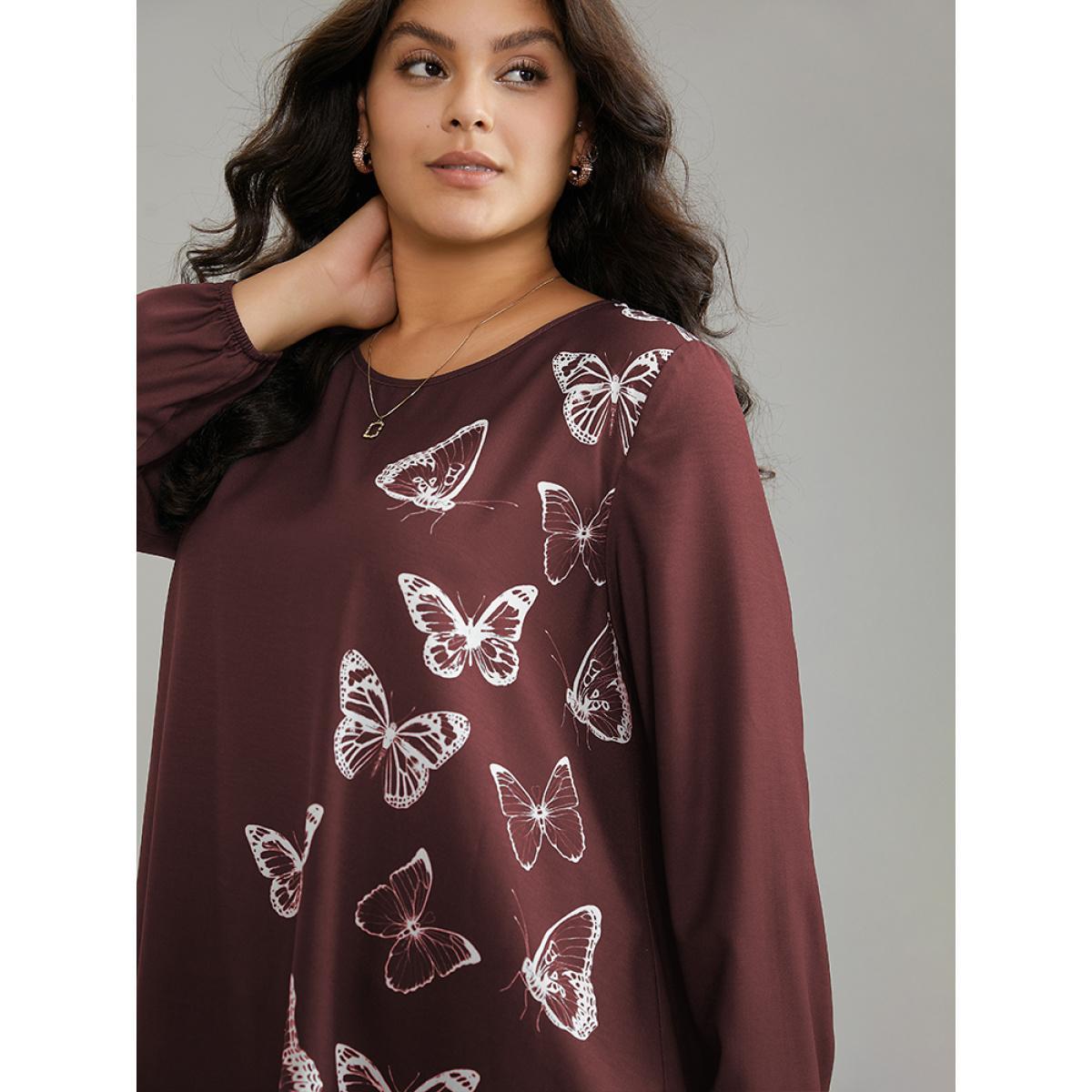Plus Size Scarlet Butterfly Crew Neck Lantern Sleeve Hanky Hem Blouse Women Elegant Long Sleeve Round Neck Work Blouses BloomChic 12/L Product Image