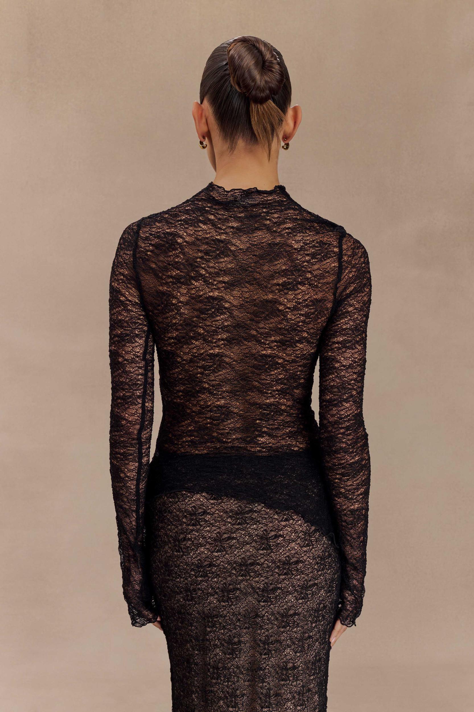 Riley Sheer Lace Long Sleeve Top - Black Product Image
