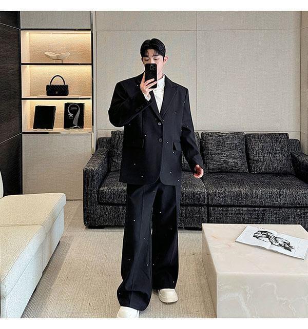 Set: Lapel Collar Single Breasted Blazer + Mid Rise Plain Wide Leg Dress Pants Product Image