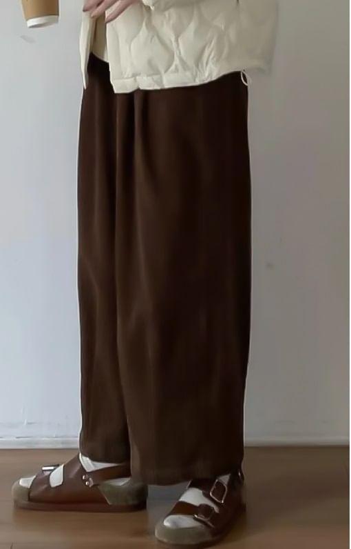 High Waist Plain Corduroy Cropped Wide Leg Pants Product Image
