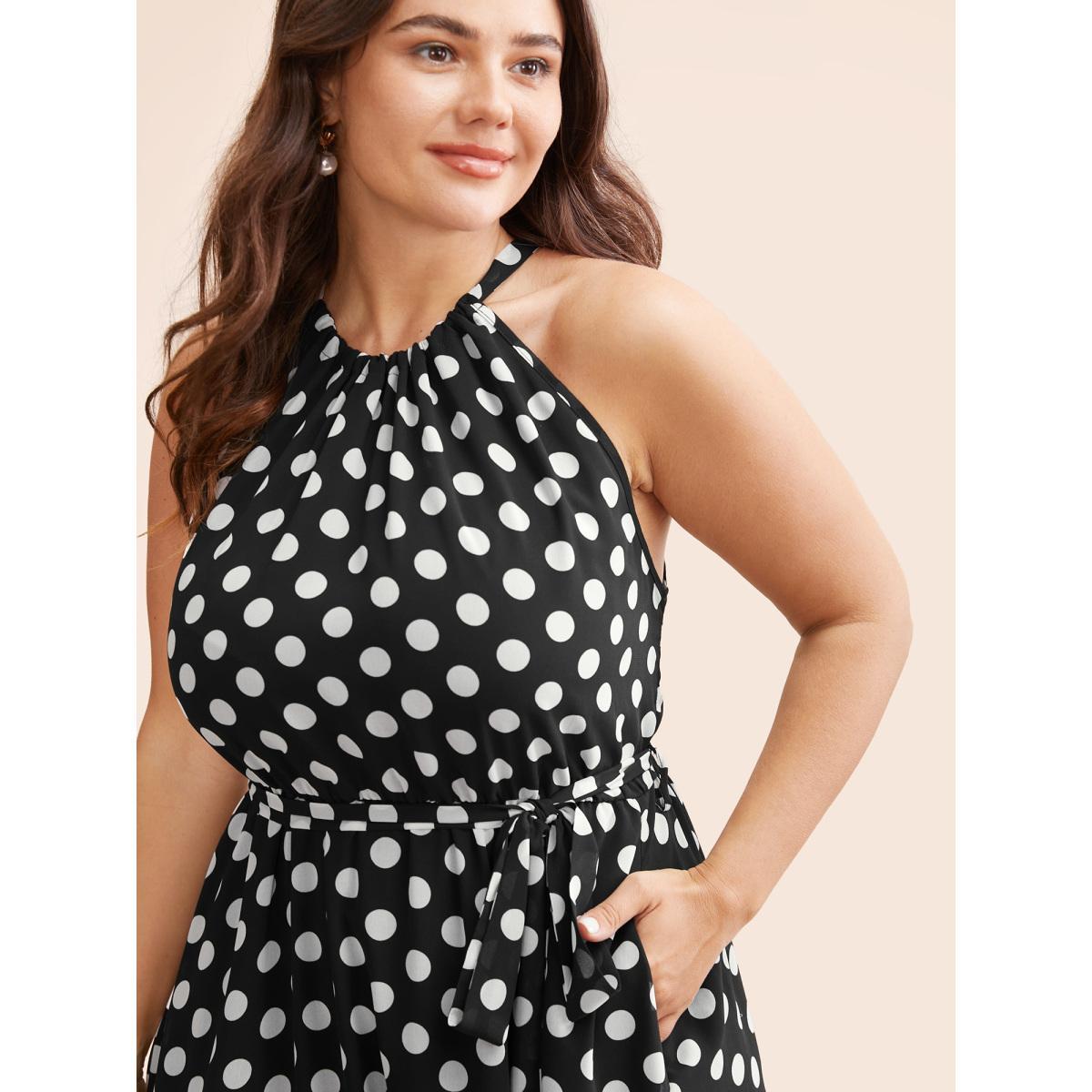 Plus Size Halter Polka Dot Ruffle Hem Belted Dress Black Women Elegant See through Halter neck Sleeveless Curvy BloomChic 30/6X Product Image